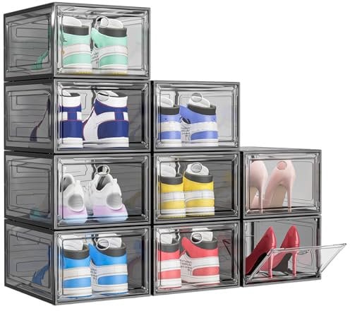 TidyTrove Cajas de Zapatos, 9 Cajas de Almacenamiento de Zapatos de Plástico Transparente Apilables, Contenedores Organizadores de Zapatos con tapas para Mujeres/Hombres, Negro