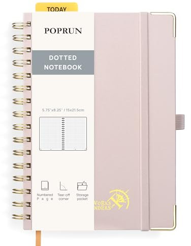 POPRUN Notizbuch A5 Gepunktetes, Bullet Dotted Journal, Spiral-Notizbücher 120 GSM Papier, 141 nummerierte Seiten, Hardcover mit Kleberegisterkarten und 8 Abreißblättern - LPK(Hellrosa)