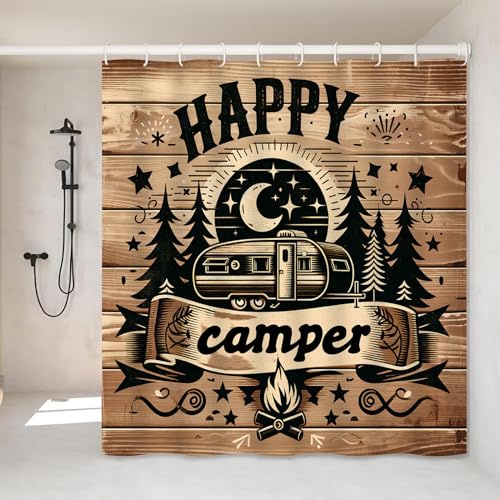 VODRM Happy Camper Duschvorhang, rustikale Outdoor-Abenteuer, Badezimmer-Dekor mit 12 Haken, Vintage-Stil, Landhaus-Vorhänge, minimalistische Dekoration, Geschenke für Erwachsene und Frauen