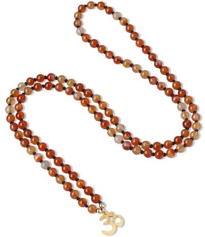 COAI Handgeknüpft Mala Yoga Kette aus 108 Orange Achat Perlen mit Gold OM Anhänger Gebetskette Buddhistische Halskette für Damen