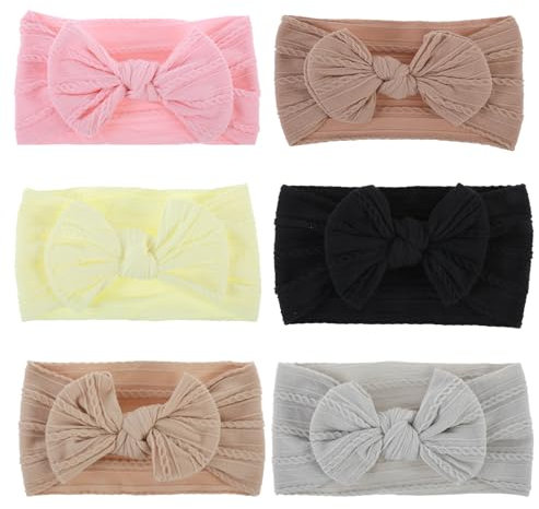 6pcs Handmade Baby Headbands Stretchy Nylon Headband with Bows Soft Knot Hairbands Head Wrap Hair Accessories Cute Hair Bow Elastics for Newborn Baby Infant Toddlers Girls Kids