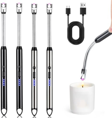 4er Set Stabfeuerzeug, Elektrisch Lichtbogen Feuerzeug USB Aufladbar Plasma Kerzenanzünder Langes Feuerzeug für Kerzen Anzünden, Grill, Camping, Kamin(Schwarz, Grau)