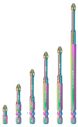 SOCOJE S6 Color Titanium Impact Screwdriver Bit, 0.23in Anti-Slip Teeth Phillips Screwdriver Bit Set, S6 Steel Magnetic Long Drill Bits(25+50+65+70+90+150mm)