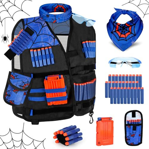 Lehoo Castle Taktische Weste Jacke Set für Nerf Guns, Taktische Weste für Kinder mit 30 Darts, Brille, Schnell Nachladen Clips, Maske und Armbände（für Spider-Man）