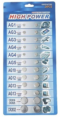 NOLOWY Set di 24 batterie AG1/AG3/AG4//AG5/AG10/AG12/AG13 per orologio orologio fotocamera a bottone misto batteria a bottone CR2016 CR2025