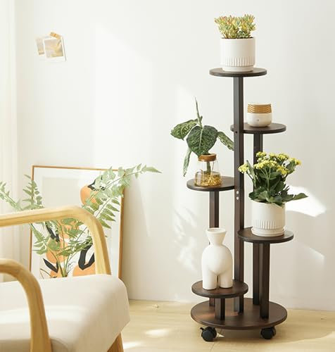 KEBMCHN Blumenständer Bambus mit Rollen, 5 Etagen Pflanzenständer Blumenregal Balkon,Chassis Ø31.5*Oberes Fach Ø19CM*Hoch88CM, Pflanzenregal for Den Außenbereich, leicht zu bewegen（braun）