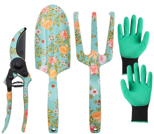 YTACREA Lot de 4 outils de jardinage avec impression florale, kit de jardinage pour femme, outils de jardinage inclus râteau à main, bangatrice, gants et cisailles, ensemble de jardin, outils bonsaï