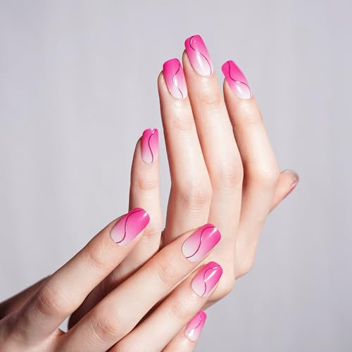 DANNI & TONI Semi Cured Nail Strips,Magenta Ombre Geometric Design Soft Self-Adhesive Gel Nail Stickers,Salon-Quality Gel Nail Polish Strips Manicure Stickers Set-Blush Aura 28Pcs