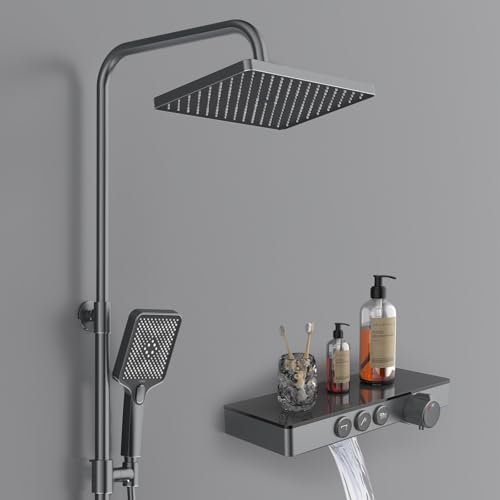 EMKE Colonne de Douche Thermostatique, 1127x460x360mm, Douche Pluie, Douche Manuelle 3 Fonctions, Hauteur Ajustable 812-1142mm, Anthracite mat, Corps en Cuivre et Panneau en Verre, Design Moderne