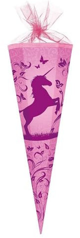 Familando große Schultüte für Jungen und Mädchen Zuckertüte 85cm 6-eckig mit Tüllverschluss zur Einschulung (Einhorn)