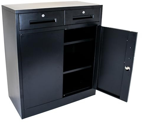 MMT Metal Storage Cabinet with Locking 2 Door 2 Drawers, Adjustable Shelf, Pantry Utility Cupboard, Lockable Garage Tool Chest Cabinet, 80cm x 40cm x 92cm (Black)