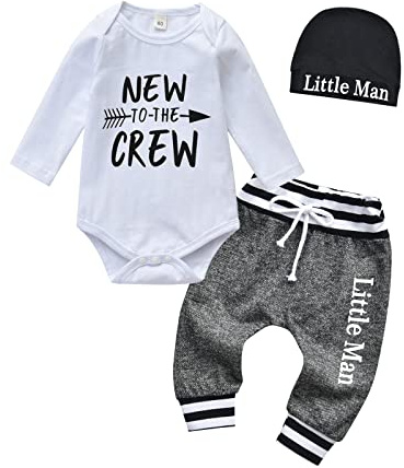 Derouetkia Neugeborenes Baby Junge Kleidung Brief drucken neu in die Crew Strampler + kleiner Mann Hosen + Hut 3Pcs Outfit