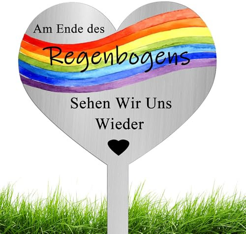 KBIBCK Grabstecker Metall Herz mit Spruch Am Ende des Regenbogens Sehen Wir Uns Wieder Herz Grabdekoration Wetterfest Frostbeständig Grabschmuck zum Erinnerung Andenken Dekoherz Trauer