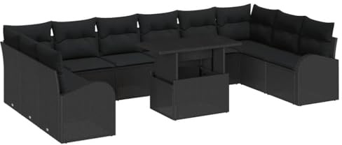 vidaXL Garten-Sofa-Set mit Speicher 11 pcs Schwarz Poly Rattan, Garten und Terrasse, modernes modulares Sofa-Set, verstellbare Füße, Poly-Rattan Lounge, Outdoor-Sitzgelegenheiten