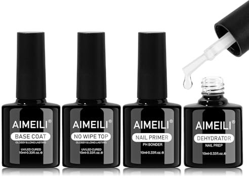 AIMEILI Gel Nail Polish Primer Nail Dehydrator and Primer with Gel Base & Top Coat Set, Cruelty Free, Vegan, Shine Finish and Long Lasting