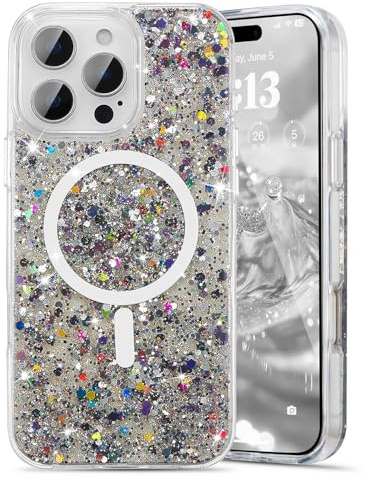 UEEBAI Glitter Case Magnetic for iPhone 15 Pro Max Case, Luxury Shiny Bling Sparkly Phone Case Compatible with MagSafe, Wireless Charge Crystal Diamonds Shiny Cover for Women - Black