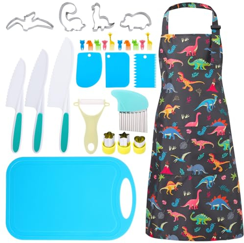 XLSXEXCL Kids Baking Set with Dinosaur Apron Toddler Knife Set Child Safe Knives Junior Chef Baking Supplies Pretend Play Cooking Toy Gift for 3-8 Years Old