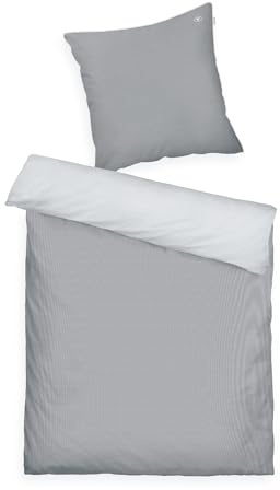 Tom Tailor Satin-Bettwäsche, 80x80 cm + 135x200 cm, 100% Baumwolle, mit Paspel und Logo-Stickerei, mit Reißverschluss, FINE Stripes Hellgrau, Dunkelgrau (Moody Grey & Light Grey)