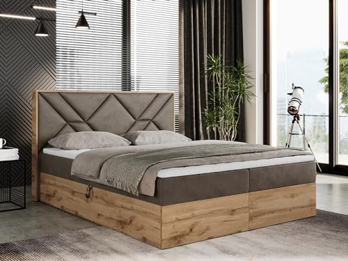 MKS MEBLE Boxspringbett 140x200 cm mit Kopfteil und Bettkasten, Polsterbett mit Hart (H4) Matratze und Topper Visco, Boxspringbett mit Massivholz und Kopfstütze - Gunar - Braun Velvet