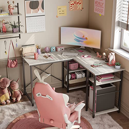 Bestier L Shaped Desk with Shelves 75 Inch Reversible Corner Computer Desk or 2 Person Long Table for Home Office Small Space Bedroom Apartment, Wash White