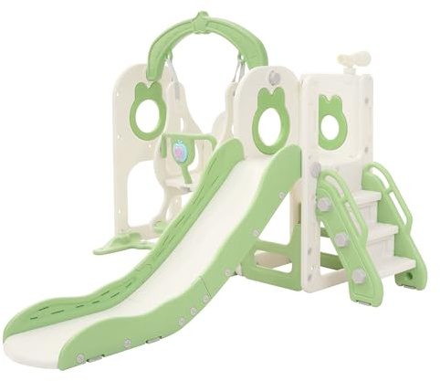 Joyz Scivolo e Altalena per Bambini 5 in 1, Parco Giochi Interno ed Esterno, con Scala da Arrampicata, Canestro da Basket e Telescopio, Centro Attività, Set da Gioco con Scivolo Verde Chiaro da 3 Anni