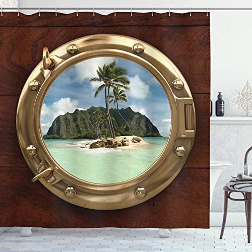 ABAKUHAUS Hawaiian Shower Curtain, Porthole Inside Ship View of a Deserted Island Hill Cliff Tropical Holiday, Cloth Fabric Bathroom Decor Set with Hooks, 78 Inches, Brown Yellow Green