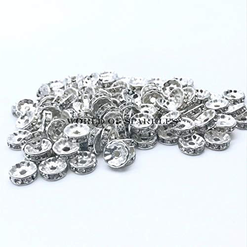 World of Sparkles Rondelle Beads Jewellery Making Rhinestone Diamante Spacers Shamballa for Fashion Wear Accessory Bracelet (Silver, 4mm - 50pcs)