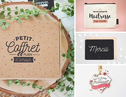 Manahia Coffret Cadeau Maîtresse C2 - Pochette, Porte-clés et Carte pour Maîtresse - Cadeau Fin d'Année - Cadeau Ecole, Noël, Anniversaire Maîtresse - Maîtresse - Cadeau Femme - Ecole