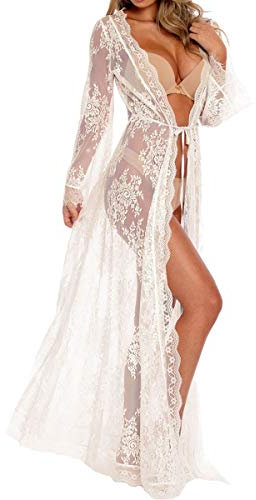 YOUKD Cardigan en Dentelle pour Femmes Voir à Travers la Robe Boho Kimono Long Robes de Plage de Maillot de Bain
