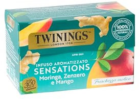 Twinings, Infuso Aromatizzato Sensations Moringa Zenzero e Mango, Gusto Rinfrescante e Fruttato, Senza Caffeina, Infusi e Tisane, 1 Confezione da 20 Filtri