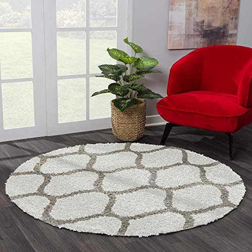 SANAT Madrid Shaggy Teppich Rund - Hochflor Teppiche für Wohnzimmer, Schlafzimmer, Küche - Morocco Creme, Größe: 150 cm