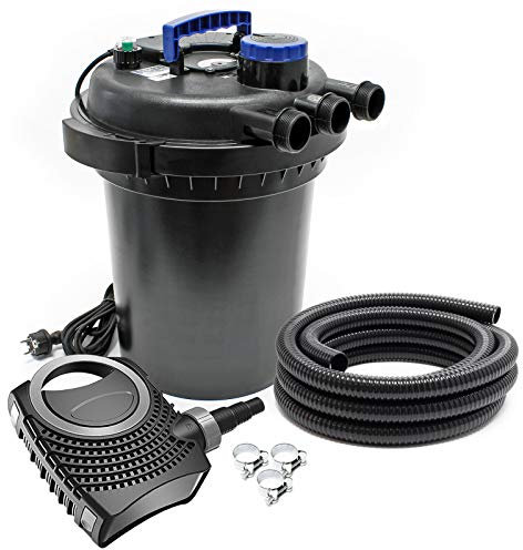 SunSun Kit Complet: CPF-180 Filtre de Bassin à Pression Jusqu’à 6000 L avec 11 Watt Lampe UV, NEO-2800 SuperECO Pompe 3000l/h 10W, 5m Tuyau 38 mm (1 1/2), Collier de Serrage W1 44-47mm