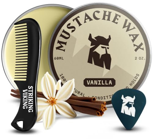 Striking Viking Schnurrbart Wachs und Kamm Kit - Bart und Schnurrbart Wachs für Männer mit starkem Halt natürlichen Bienenwachs - Hilft zu zähmen, Stil, und Groom (2 Unzen) (Vanille)