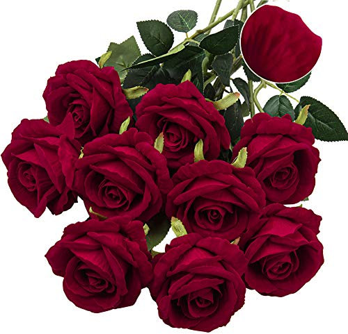 Bouquet di rose rosse finte in vero velluto, con steli, rose finte per la casa, decorazione per matrimoni, rose artificiali, fiori di seta, fiori di bordeaux, decorazione per eventi, 9 pezzi
