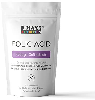 Folic Acid Tablets 400µg - 365 Vegan Vitamin B9 Tablets - 12 Month Supply - Pregnancy Care - Normal Function of Immune System & Maternal Tissue Growth During Pregnancy - Made in The UK by FMax5