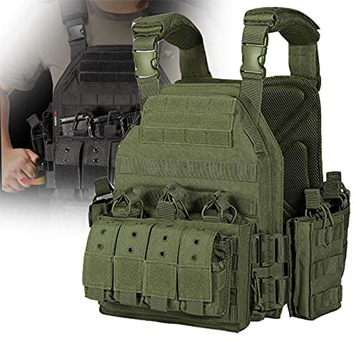 SUNWEII Security Training Pouch Protective Waistcoat 1000D Nylon Plate Carrier Tactical Vest Outdoor Hunting Protective Adjustable MODULAR Vest for Airsoft Combat Accessories,Green, One Size