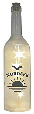 WB wohn trends LED-Flasche mit Motiv, Nordsee Sonne Möwe, grau, 29cm, Glitzer-Flasche Leuchtflasche Lampe mit Text Spruch maritim