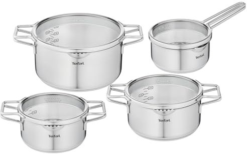 Tefal Nordica Batterie de cuisine 8 pièces Casserole 16 cm + Faitouts 18/20/24 cm en acier inoxydable + Couvercles verre, Becs verseurs, Egouttage facile, Induction H852S855