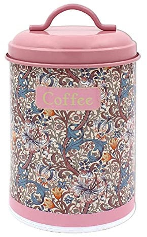 Lesser & Pavey Pink Coffee Canister Golden Lily Floral Flowers Tin Metal Container Storage Lid