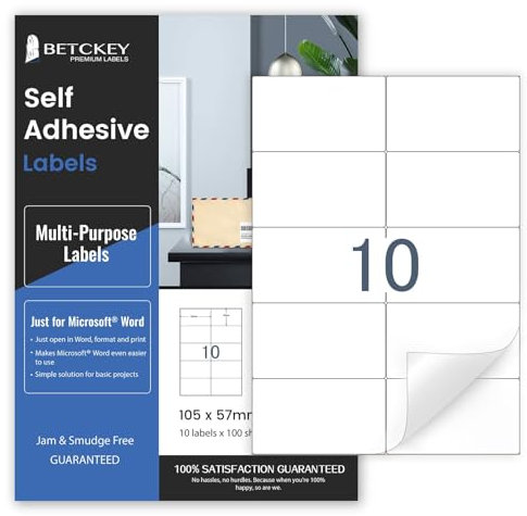BETCKEY - 100 Fogli, 105 x 59mm, A4 Adesivi per Stampante, 10 Etichettes per Foglio, Carta Adesiva Stampabili per Stampante a Getto d'Inchiostro e Laser