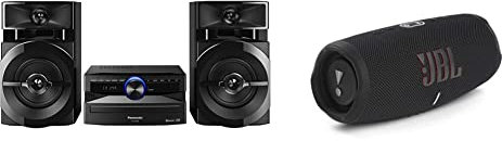 Panasonic Mini-System, 2-Wege-Lautsprecher & JBL Charge 5 Bluetooth-Lautsprecher in Schwarz – Wasserfeste, Portable Boombox mit integrierter Powerbank und Stereo Sound – bis zu 20 Stunden Musikgenuss