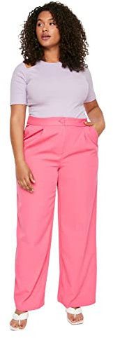 Trendyol Pantalones relajados de Cintura Alta para Mujer, Talla Grande, Fucsia, 46, Fucsia