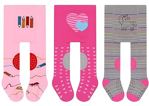 L&K-II 3er Pack Krabbelstrumpfhose Baby Mädchen Jungen Strumpfhose mit ABS Sohle Anti Rutsch Noppen Punkte Tier Herz Motiv 2732