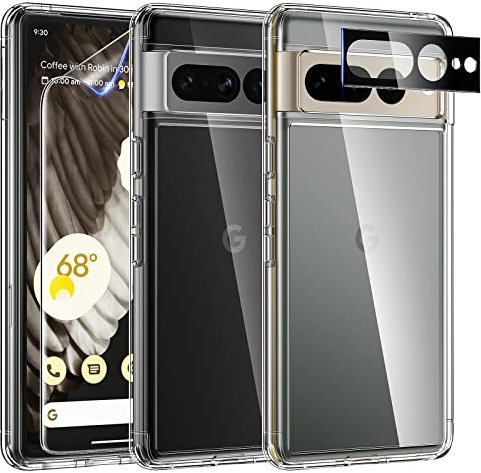 TAURI [5 in 1 für Google Pixel 7 Pro Hülle mit Schutzfolie, mit 1 Handyhülle + 2 Stück Schutzfolie + 2 Stück Kameraschutz, Anti-Gelb Stoßfest 360 Grad Schutzhülle - Durchsichtig
