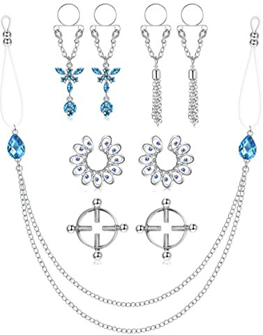 Kakonia 9stk Nippelklemmen Brustwarzen Fake Nippelpiercing Schmuck für Damen Verstellbarer Fake Nippel Piercing 316L Edelstahl Nippelklemmen Schmuck