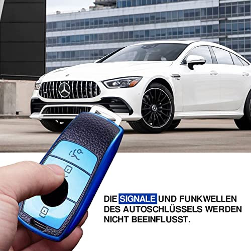 KEYSCOVER Autoschlüsselhülle für Mercedes-Benz Schlüssel - Cover Passend für E, S, A, CLA, GLA, GLE, GLC, GLK und AMG Modelle -Schlankes Design und Einfache Installation (Blau- Leder)