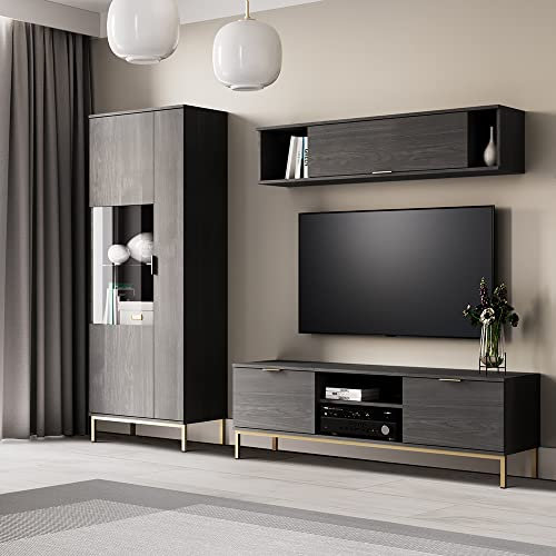 Lomadox Schrankwand aus Vitrine, TV-Lowboard und Wandschrank und LED Beleuchtung, Esche schwarz Nb. mit Fußgestell und Griffen aus Metall, B/H/T ca. 235/190/41 cm