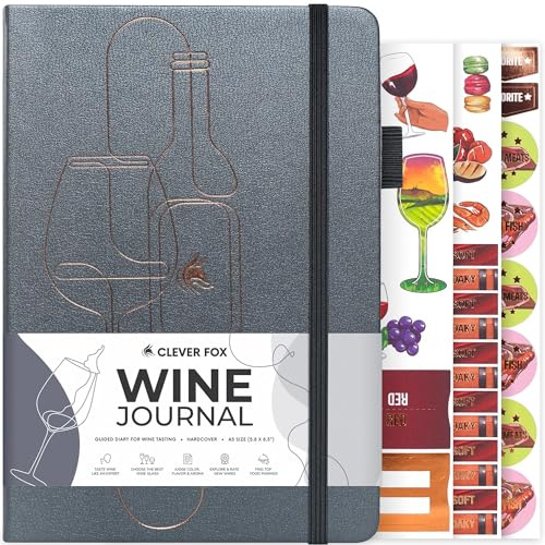 Clever Fox Journal de vin pour dégustation de vin – Journal de vin guidé et carnet de bord avec instructions de dégustation, roue d'arômes, appariement des aliments et guide en verre – 132 entrées,