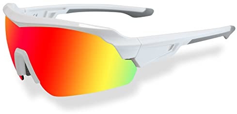 JOGVELO Sport Sunglasses Polarized for Men, Cycling Sunglasses UV400 Protection with 5 Interchangeable Lens for Running Baseball Golf Driving, White&Red