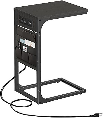TUTOTAK C-förmiger Beistelltisch mit Ladestation, Beistelltisch für Sofa, Couchtisch mit Aufbewahrungstasche, TV-Tablett, Tisch mit 2 USB-Anschlüssen und Ausgängen für Wohnzimmer, Schlafzimmer,